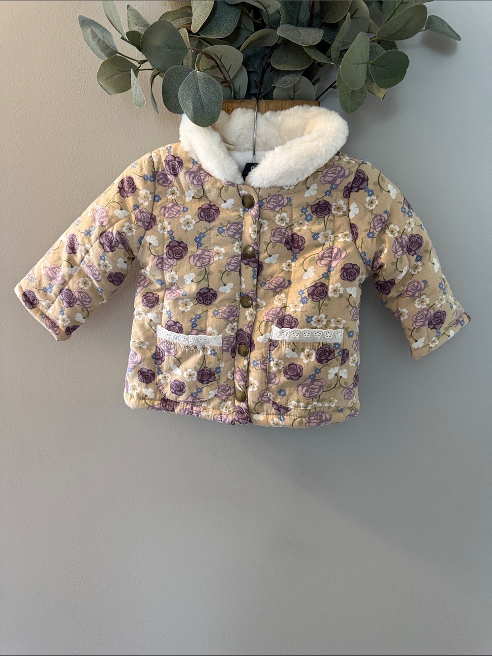 Tahari Beige Quilted Floral Puffer with Faux Fur Collar
